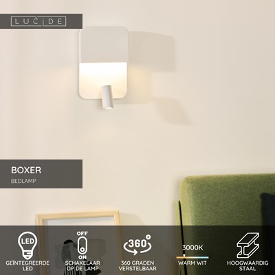 Lucide BOXER - Bedlamp / Wandlamp - LED - 3000K - Met USB oplaadpunt - Wit